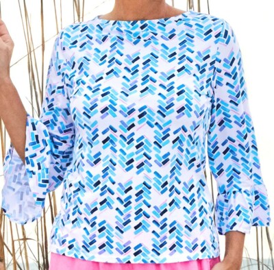 Fresh Produce medium white $65 maritime mosaic KIra 3/4 bell sleeve top nwt m