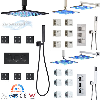 Thermostatic Shower Faucet Set Kit with Valve LED Rain Head Combo Massage System