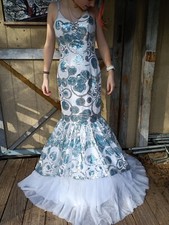 Madeline Gardner Prom Dress Mermaid Style White Blue And Silver Strapless Size 4