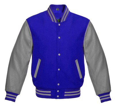 Men's Varsity Letterman Basketball Blue wool Grey real leather sleeves jackets