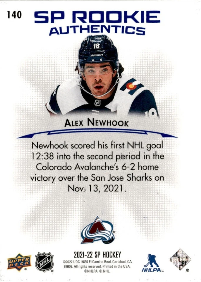 Alex Newhook Colorado Avalanche 2021-22 Upper Deck SP Hockey RC Blue 140 - Image 2 of 2
