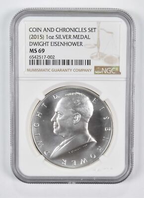 2015) MS69 1 oz Silver Medal Dwight Eisenhower Coin and Chronicles