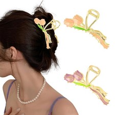 2 PCS Cute Pink Tulip Metal Hair Claw Clips Gold Fancy Fashion Summer Decor