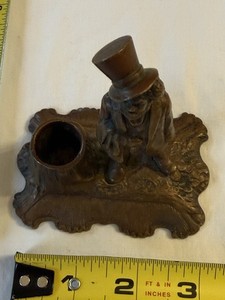 Antique Figural Bronze Gentleman Pen Holder Inkwell Desk Set Top Hat Figure