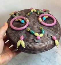 Antique Chinese Sewing Basket Colorful Peaking Glass Beads Coins and Tassels