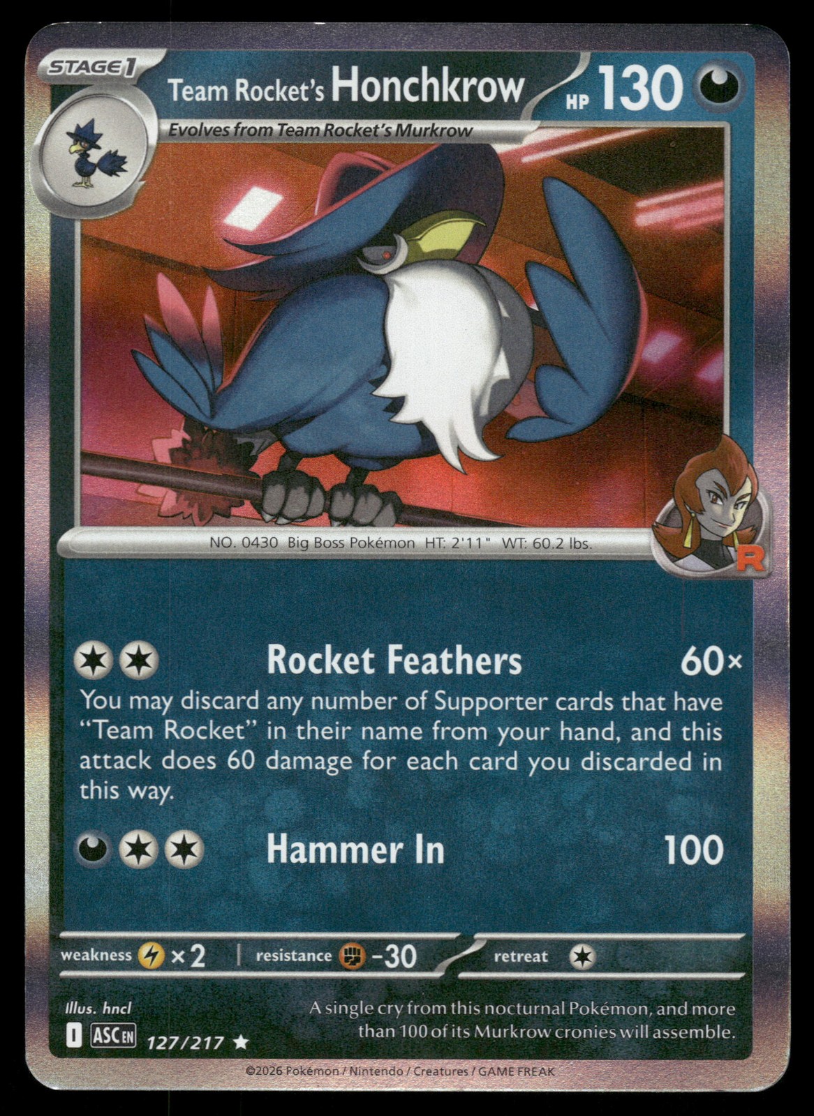Team Rocket's Honchkrow 127/217 Holo ME: Ascended Heroes LP-NM