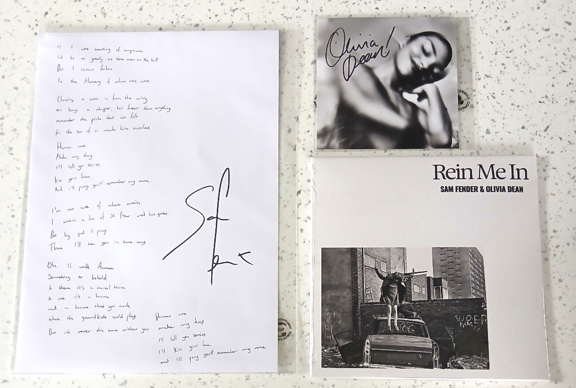 Olivia Dean & Sam Fender 7"" Vinyl Rein Me In (Original) Signed Lyric & Art Card