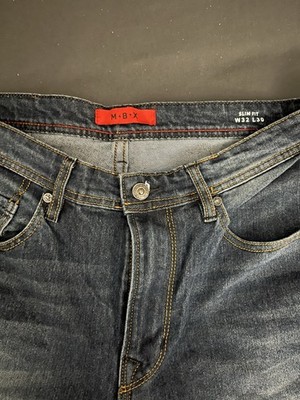 M B X Slim Fit Straight Blue Denim Jeans Button Zip 5-Pocket Solid Medium Wash