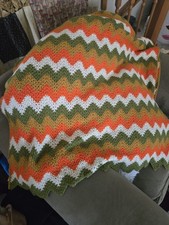 Handmade Crochet Afghan Lap Blanket Throw Orange  Green 70s Retro Chevron 38X80