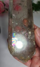 Large 1lb Water Clear Quartz Crystal Point Rainbow Golden Healer & Wooden Base