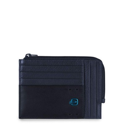 Leather Zipper Coin Pouch with Document Holder & Credit Card Slots - Black