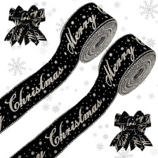 2 Roll Merry Christmas Wired Edge Ribbon 2.5 Inch 50 Yards White Snowflake Black