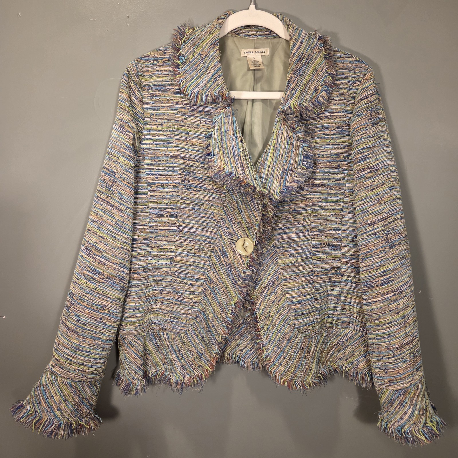 Laura Ashley, Laura Ashley Vintage Tweed Fringe Blazer Jacket, Women's Size L, Green Multi