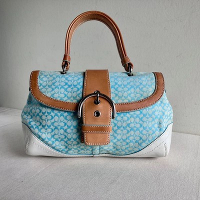 Coach Light Blue Soho Flap Top Handle Bag Vintage White Brown Leather Canvas