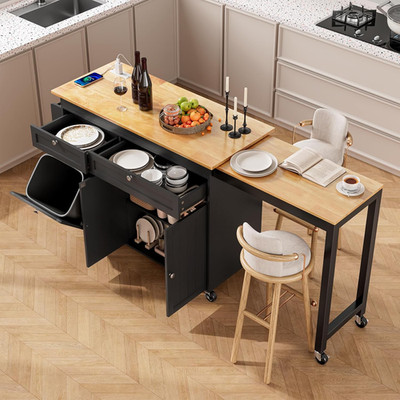 81.7'' Kitchen Island with Extendable Dining Table - Mobile Cart, Black