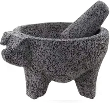 8.6 inch Molcajete Mortar and Pestle with Pig Design, 9 inch, Volcanic Stone 