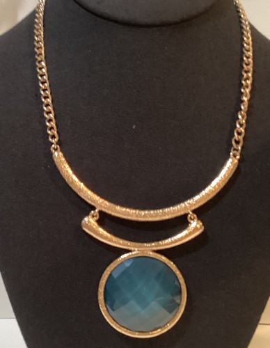 Collana barra ciondolo tondo sfaccettato blu vintage tono oro spazzolato mod 18” - Foto 2 di 8