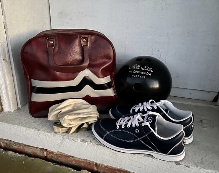 Bowling Equipment Vintage Leather Bag, Brunswick All-Star Ball, Shoes, Ball  Sack