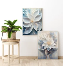 PAIR of 2 White Flower Wall Art Prints/Pictures Decor A3 Fine Art Matte Paper 