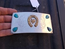 Vintage Hand Crafted Western Belt Buckle Horseshoe Saddle Faux Turquoise Stones