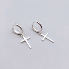 A Pair Men Women 925 Sterling Silver Cross Hoop Dangle Huggie Drop Earrings PE35