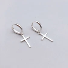 A Pair Men Women 925 Sterling Silver Cross Hoop Dangle Huggie Drop Earrings PE35