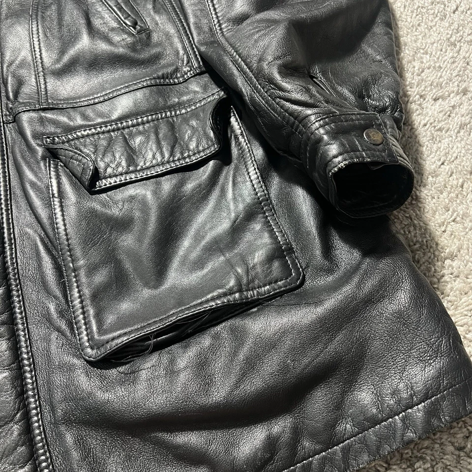 Chaqueta de Cuero Larga Parka De Colección Para Hombres XL Cremallera Completa Bolsillos Suaves Pesados Auténticos Años 90 Foto 4 de 4