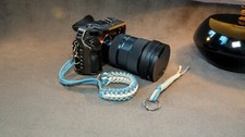 Custom handmade camera wrist strap.  Free Keychain White Light Grey, Light Blue