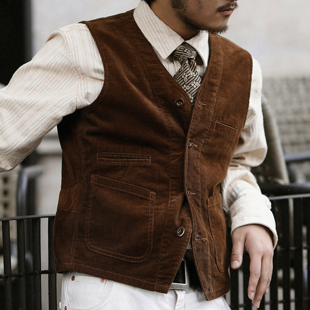 Corduroy Vest Men's Western Vest Vintage Casual Coat Slim