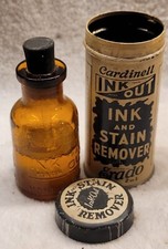 ANTIQUE AMBER CARDINELL'S INK OUT BOTTLE MONTCLAIR NEW JERSEY w ORIGINAL TIN