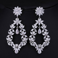 Silver Plated Cubic Zirconia Flower Long Drop Earrings for Women Wedding Brides