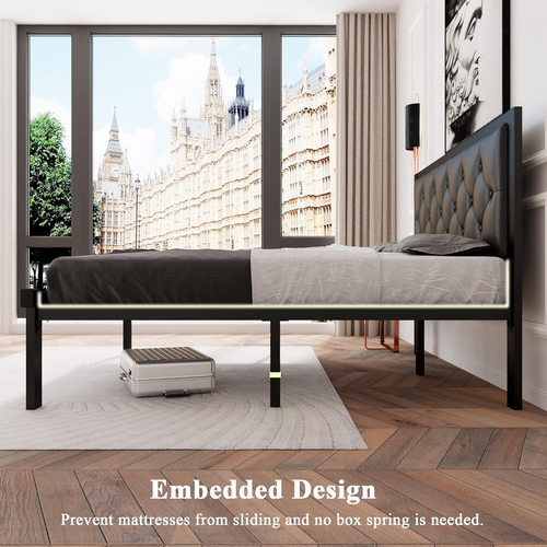 Full Size Metal Bed Frame with Faux Leather Button Tufted Headboard, Heavy-Duty - Picture 6 of 8