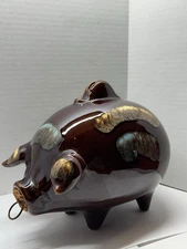 Vintage Hull Pottery #197 Pig Piggy Bank Smiling "Corky" Brown Drip Majolica 8"
