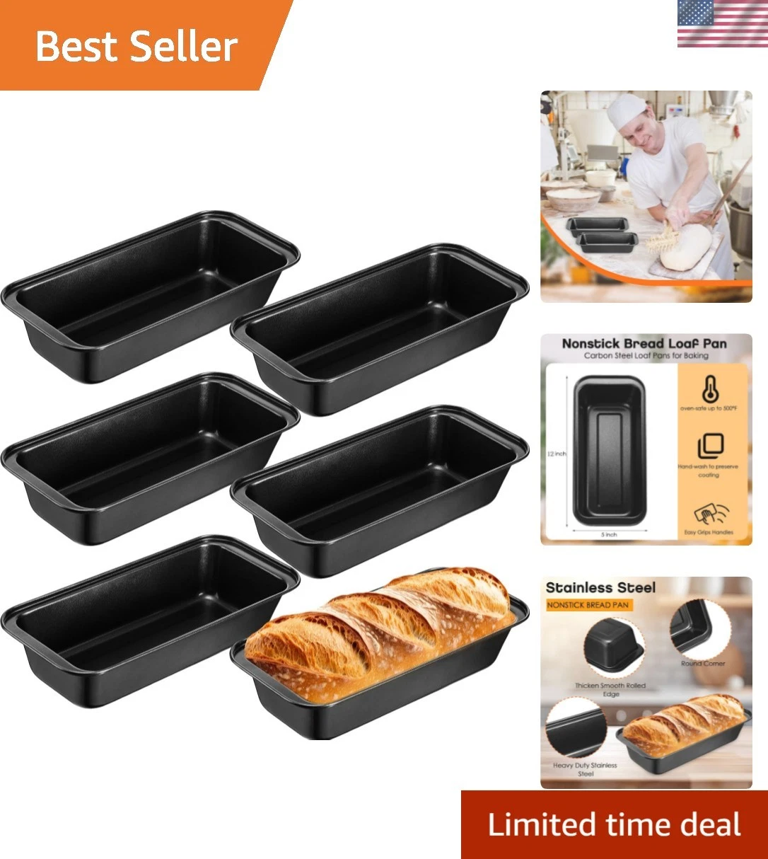Versatile 6-Piece Stainless Steel Loaf Pan Set - 12 x 5 Inch for All Your Baking