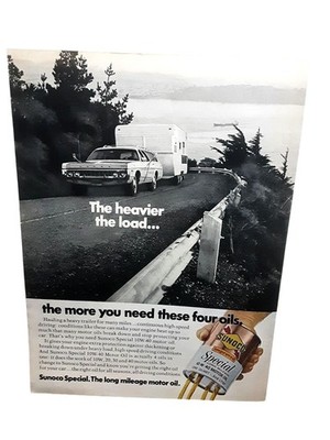 1972 Sunoco Special Motor Oil Print Ad Dodge Monaco Wagon Towing Trailer