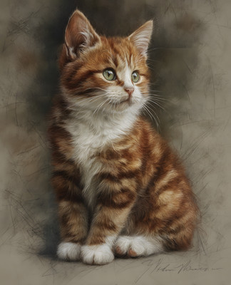 8x10 Cozy Storybook Kitten Sitting on Table Art Print Cottagecore - 206734483