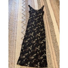 Vintage All That Jazz Black Bamboo Leaf Print Maxi Dress Medium 90s,Y2K, stretch