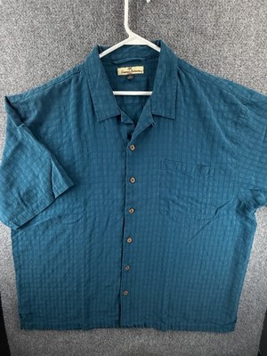Tommy Bahama Silk Short Sleeve 2XL Loop Check Camp Blue Pocket Button Up