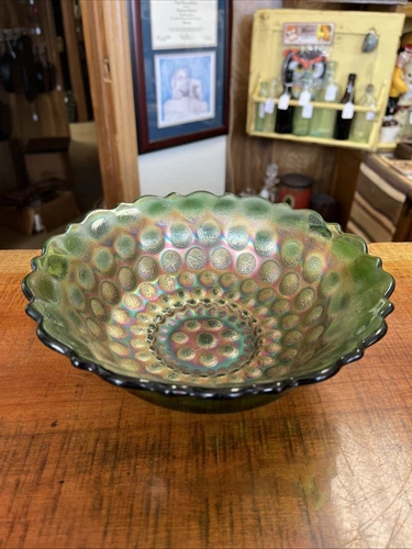 Vintage Fenton Green Stippled Coin Dot Carnival Glass Bowl