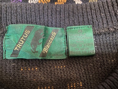 MAGLIONE VINTAGE TRUTUS PANNELLO PELLE MOTIVO GEOMETRICO STILE COOGI MED - Foto 4 di 5