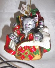 RAZ Imports 4" Cat In Presents Hand Decorated Blown Glass Christmas Ornament