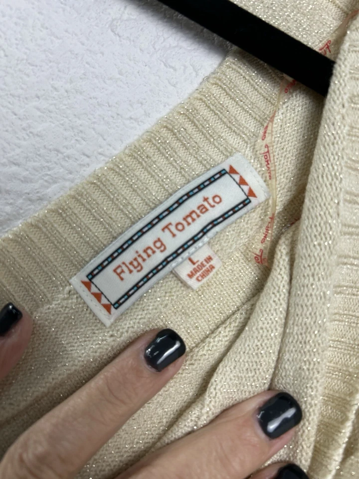 Suéter Flying Tomato manga longa malha com nervuras metálico tamanho G creme - Imagem 4 de 4