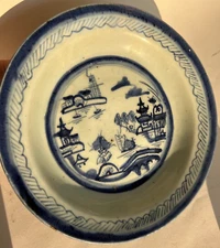 9.75" Antique Chinese Hand Paint Blue Pagoda Boat Bridges Deep Plate Unmarked