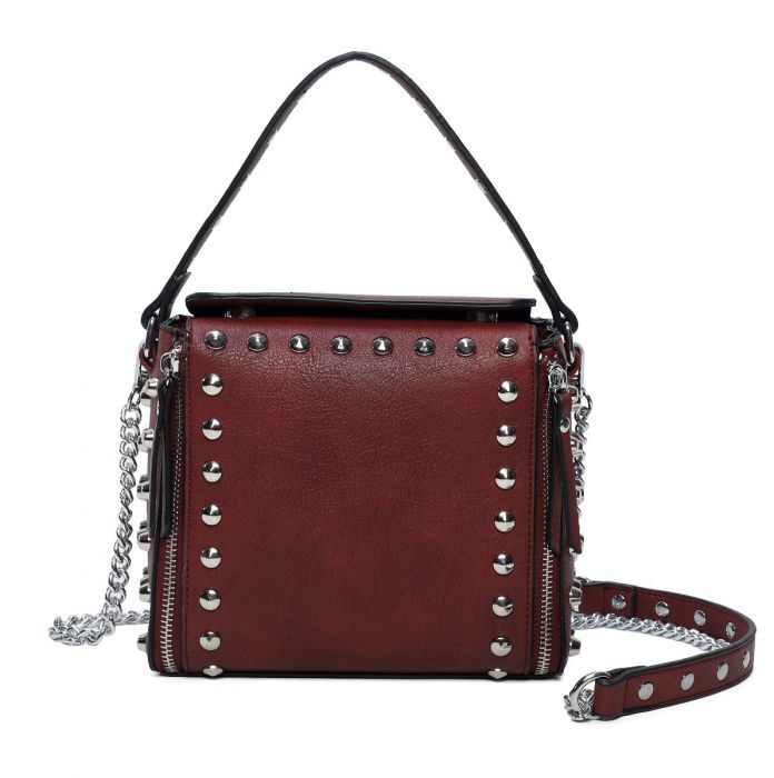 Bandolera de hombro con cremallera lateral de cuero vegano con remaches plateados tachonados para mujer