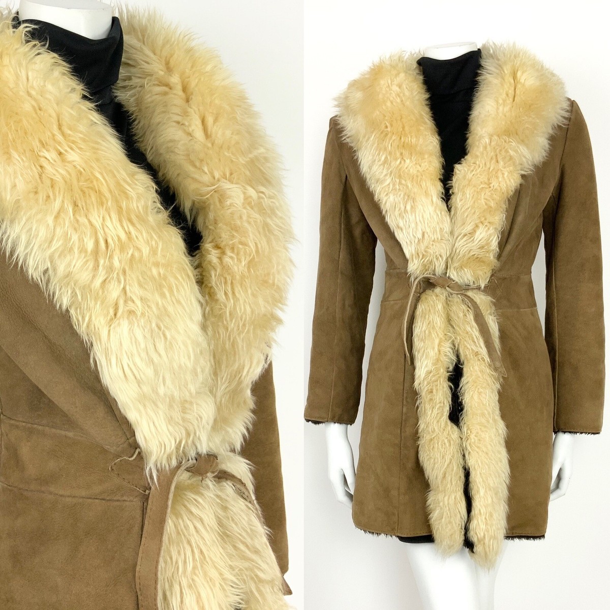 VINTAGE 60s 70s BROWN CREAM SUEDE SHEARLING AFGHAN FUR TRIM BOHO 