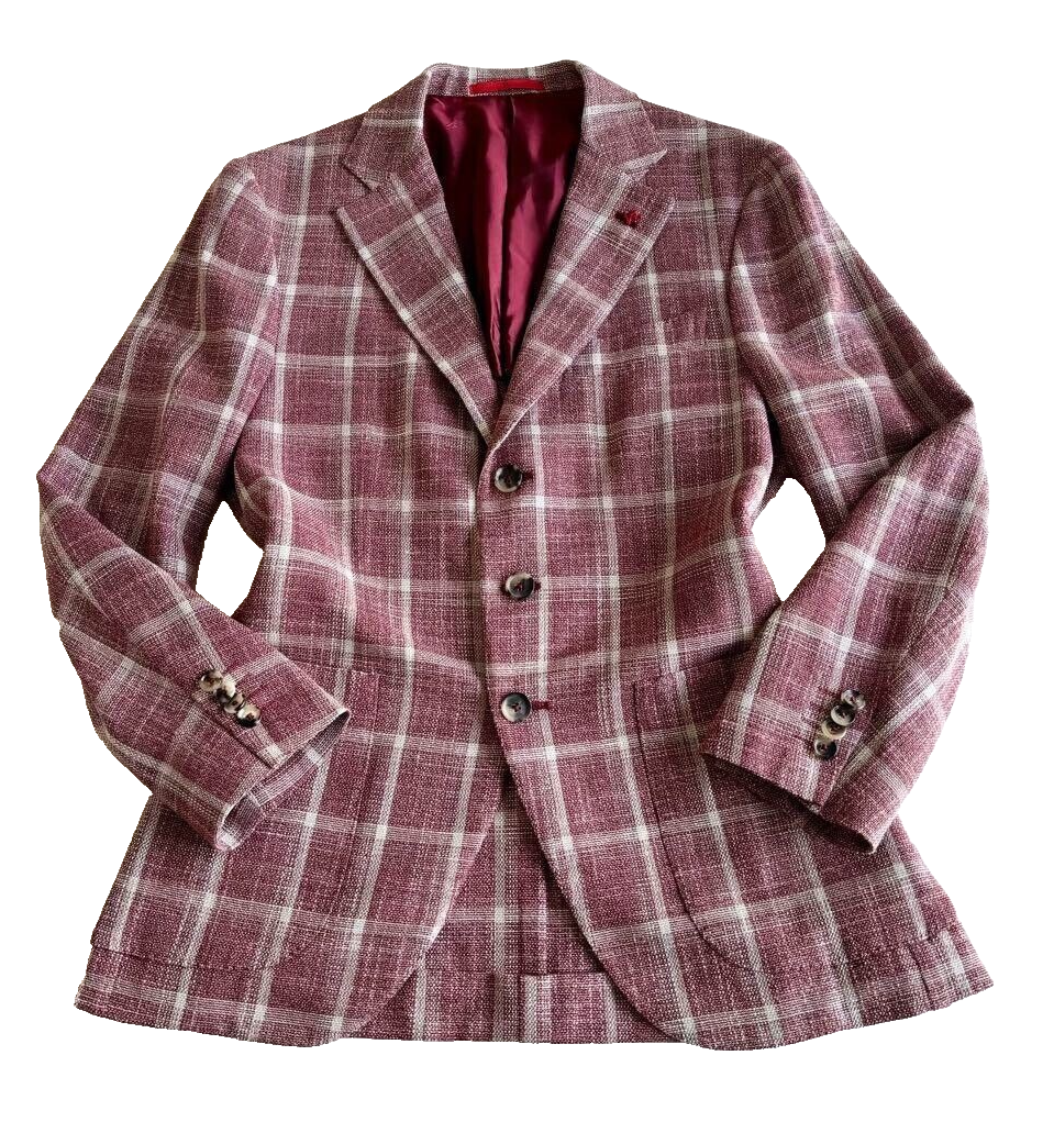 ISAIA Tailored jacket SAILOR size 46 wool silk red check made in 