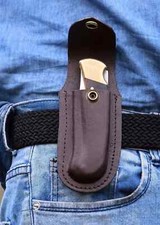 CUSTOM HANDMADE LEATHER GENIUNE VERTICAL SHEATH FOLDING POCKET KNIFE BUCK 110
