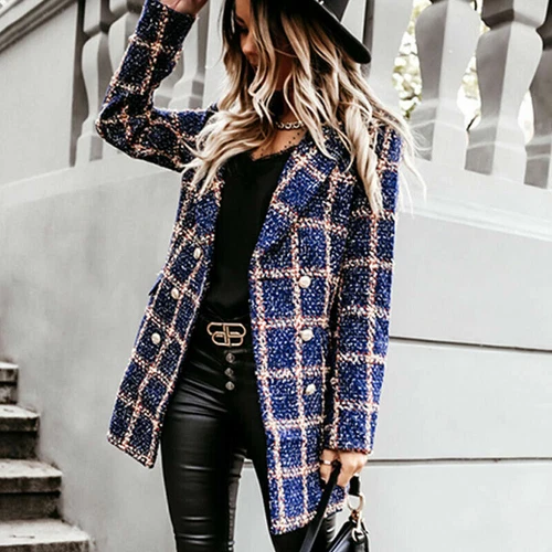 Women's Stylish Check Print Wool Blazer Coat Ladies Long Sleeve Collared Jacket - Picture 42 of 52