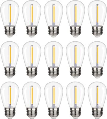 Waterproof S14 LED String Lights Replacement Bulbs - E26 Base, 15-Pack, Outdoor