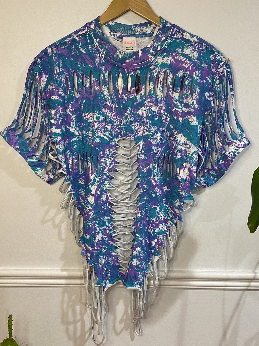 Vintage 80s Tear Wear Tie Dye Shredded T-Shirt Womens L Blue